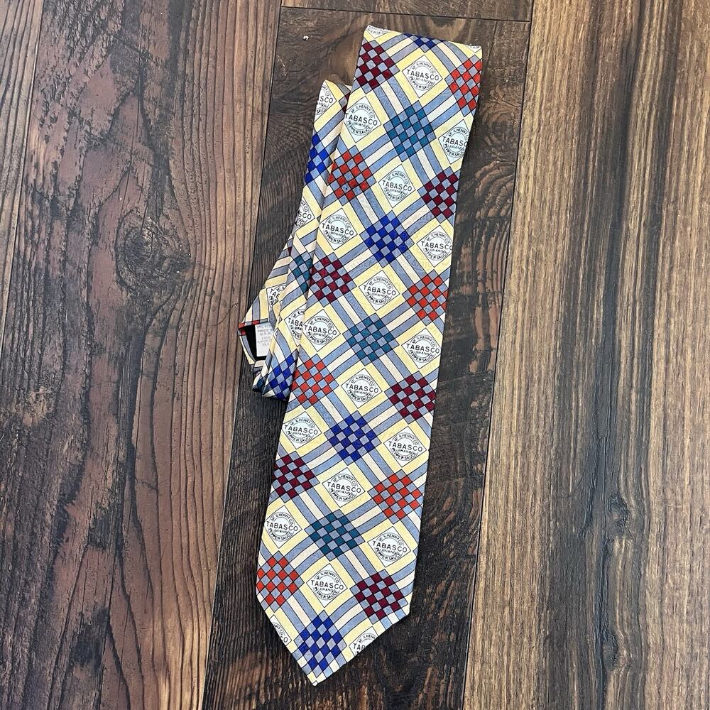 Vintage Tabasco Brand Silk Necktie Plaid Geometric Diamond Logo Novelty Men Tie